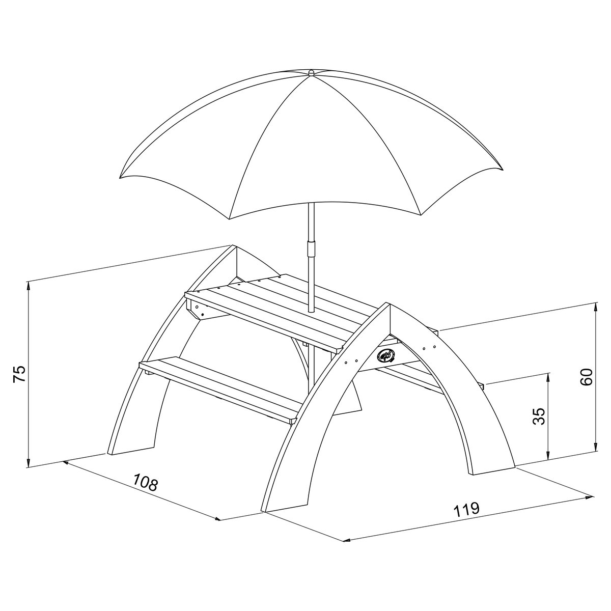 Picknick-Tisch Kylo XL grau/weiß 108x119x75 cm mit Sonnenschirm