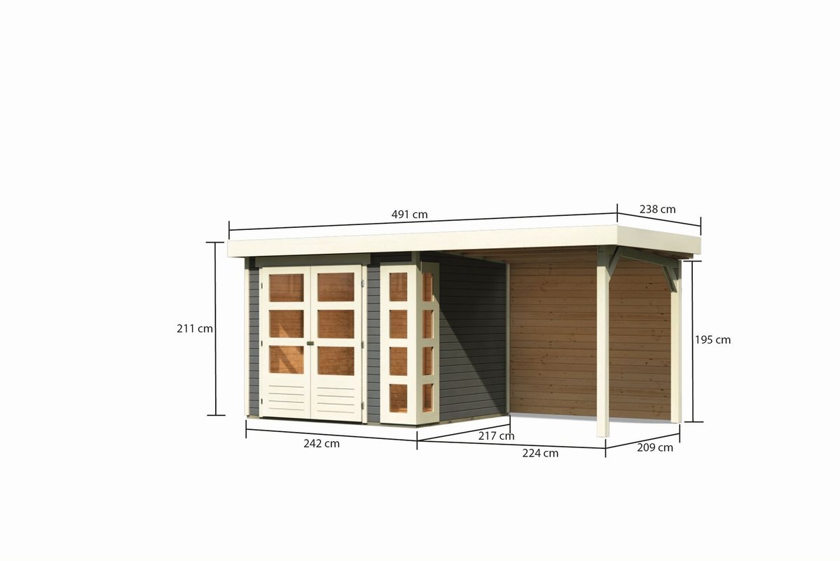 Gartenhaus Kerko 3 - 238 x 213 cm inkl. Anbaudach 2,40 m mit Rückwand, 19 mm Holz terragrau