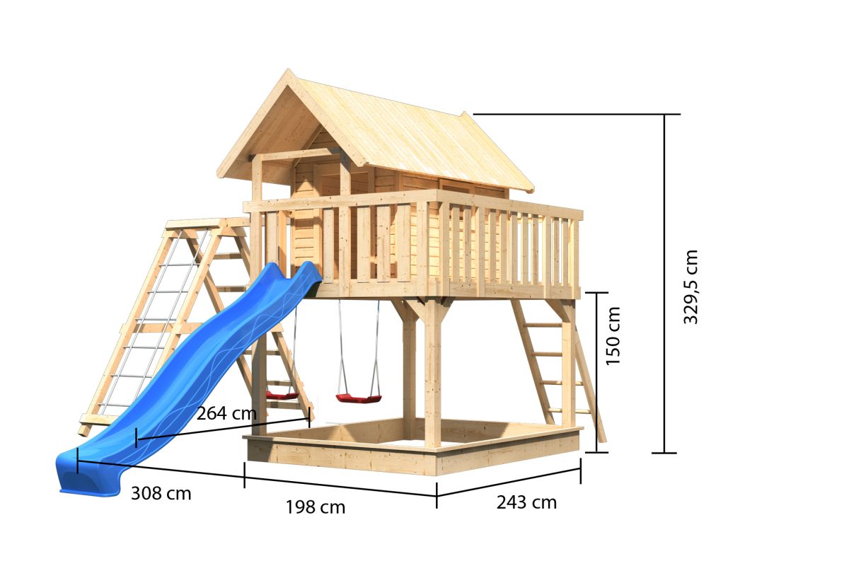 Stelzenhaus FIDEL naturbelassen mit Kletterlschaukel und Rutsche blau
