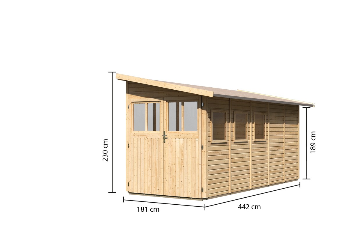 Anlehnhaus Wandlitz 5 - 181x442 cm, 19 mm Holz naturbelassen, Karibu