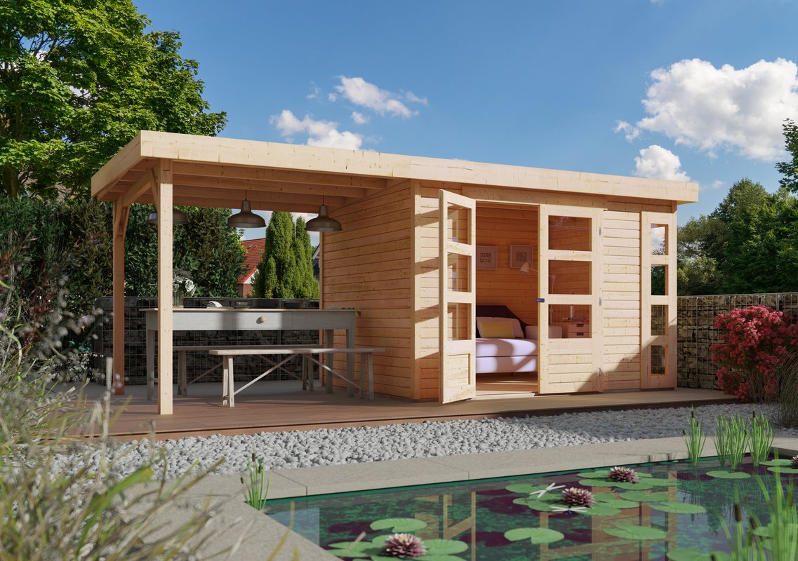 Gartenhaus Kerko 4 - 298 x 213 cm, inkl. Anbaudach 2,40m, 19 mm Holz naturbelassen, Karibu