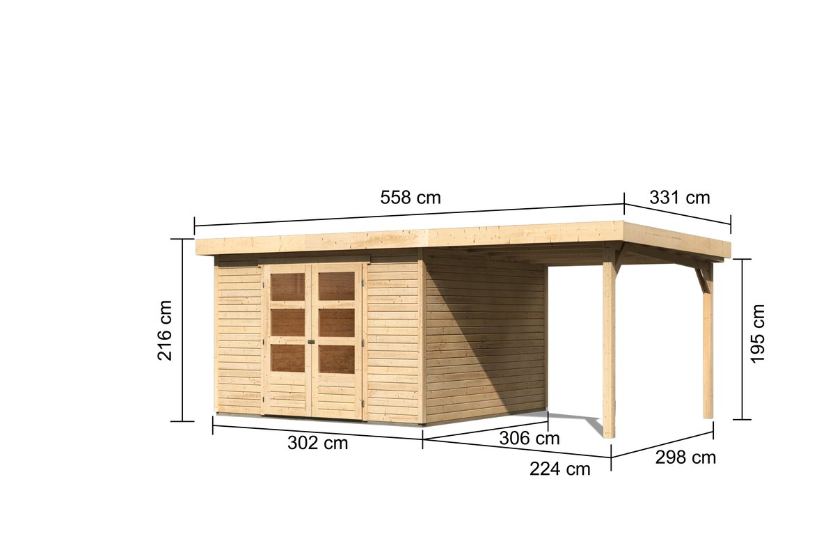 Gartenhaus Askola 6 -302x306 cm mit Anbaudach 2.40m, 19 mm Holz naturbelassen, Karibu