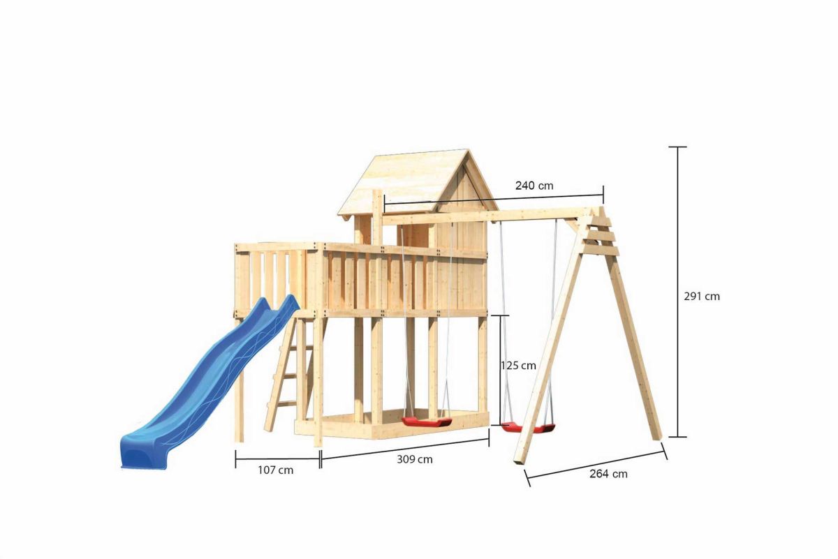 Stelzenhaus Frieda naturbelassen, Set mit Plattform, Doppelschaukel und Rutsche blau