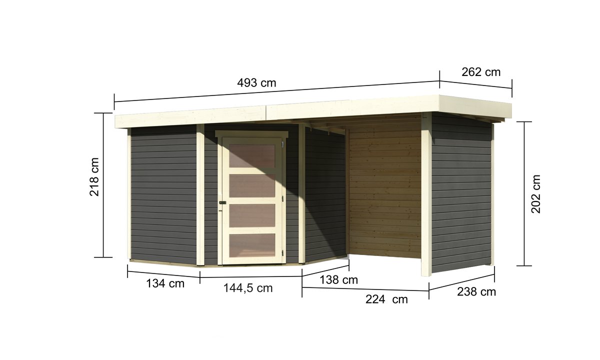 Gartenhaus Schwandorf 5, 242 x 246 cm inkl. Anbaudach 2,40 m mit Wänden, 19 mm Holz terragrau, Karibu