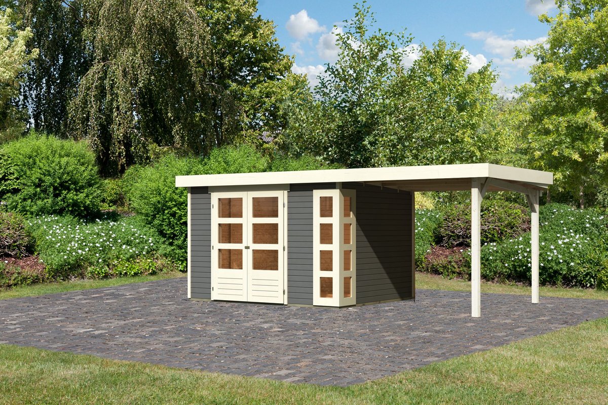 Gartenhaus Kerko 5 - 302 x 246 cm inkl. Anbaudach 2,40 m, 19 mm Holz terragrau, Karibu