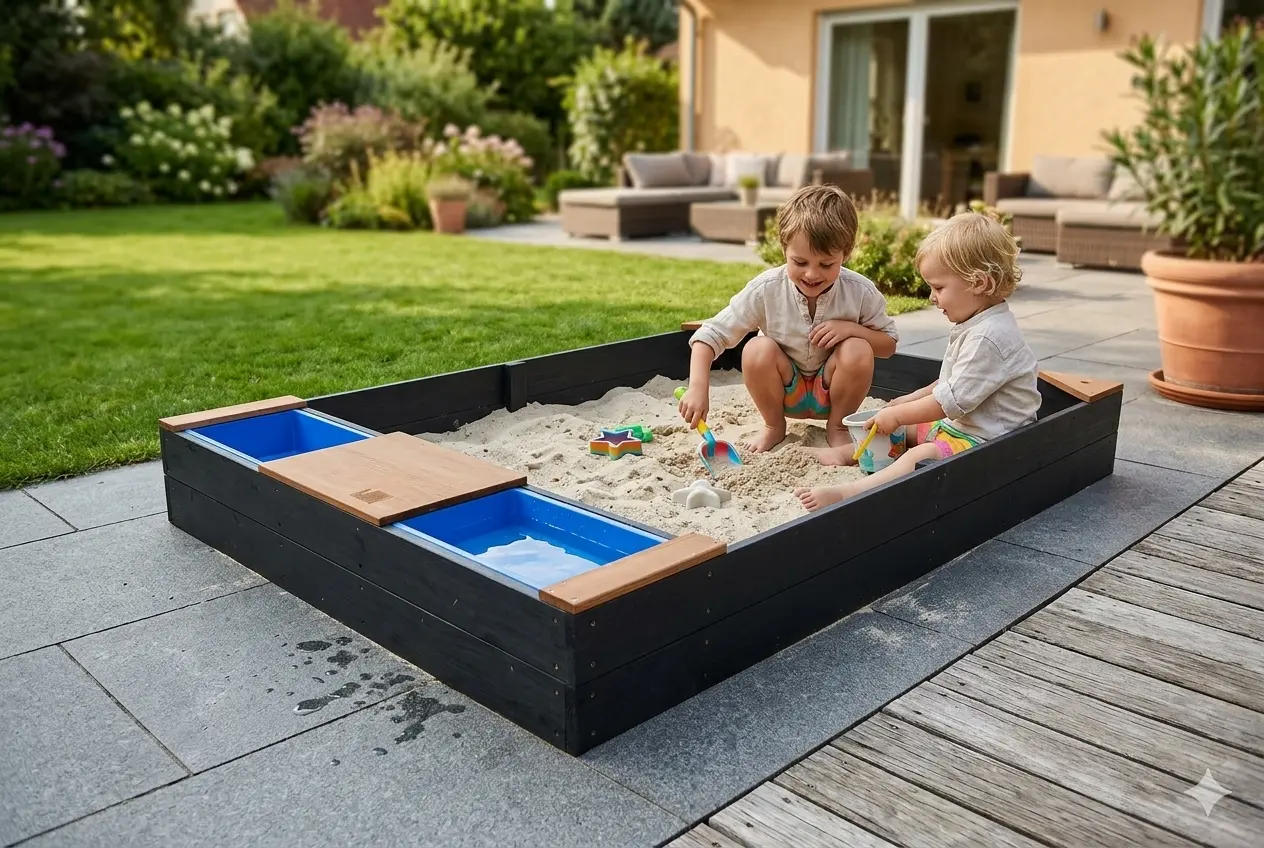 AXI Sandkasten Kelly anthrazit mit Wassercontainern und Sitzbank (Ambiente KI-generiert)