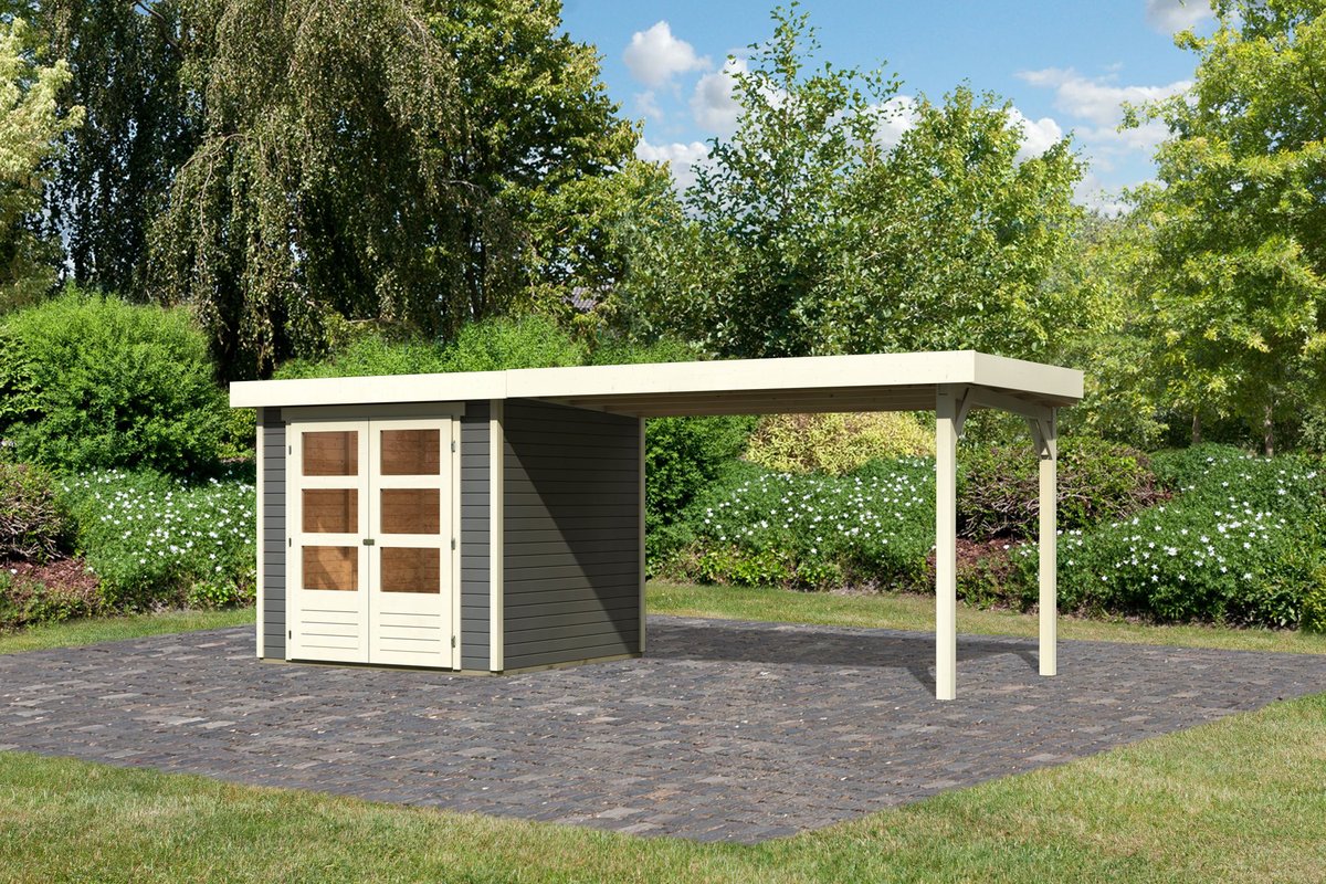 Gartenhaus Askola 2  - 213x217 cm mit Anbaudach 2,80m, 19 mm terragrau, Karibu