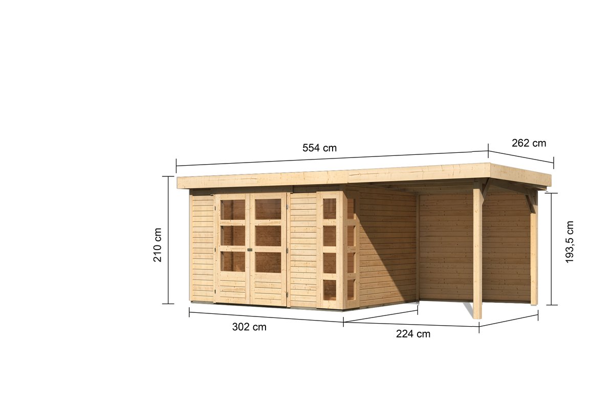Gartenhaus Kerko 5 - 302 x 246 cm inkl. Anbaudach 2,40 m mit Rückwand, 19 mm Holz naturbelassen