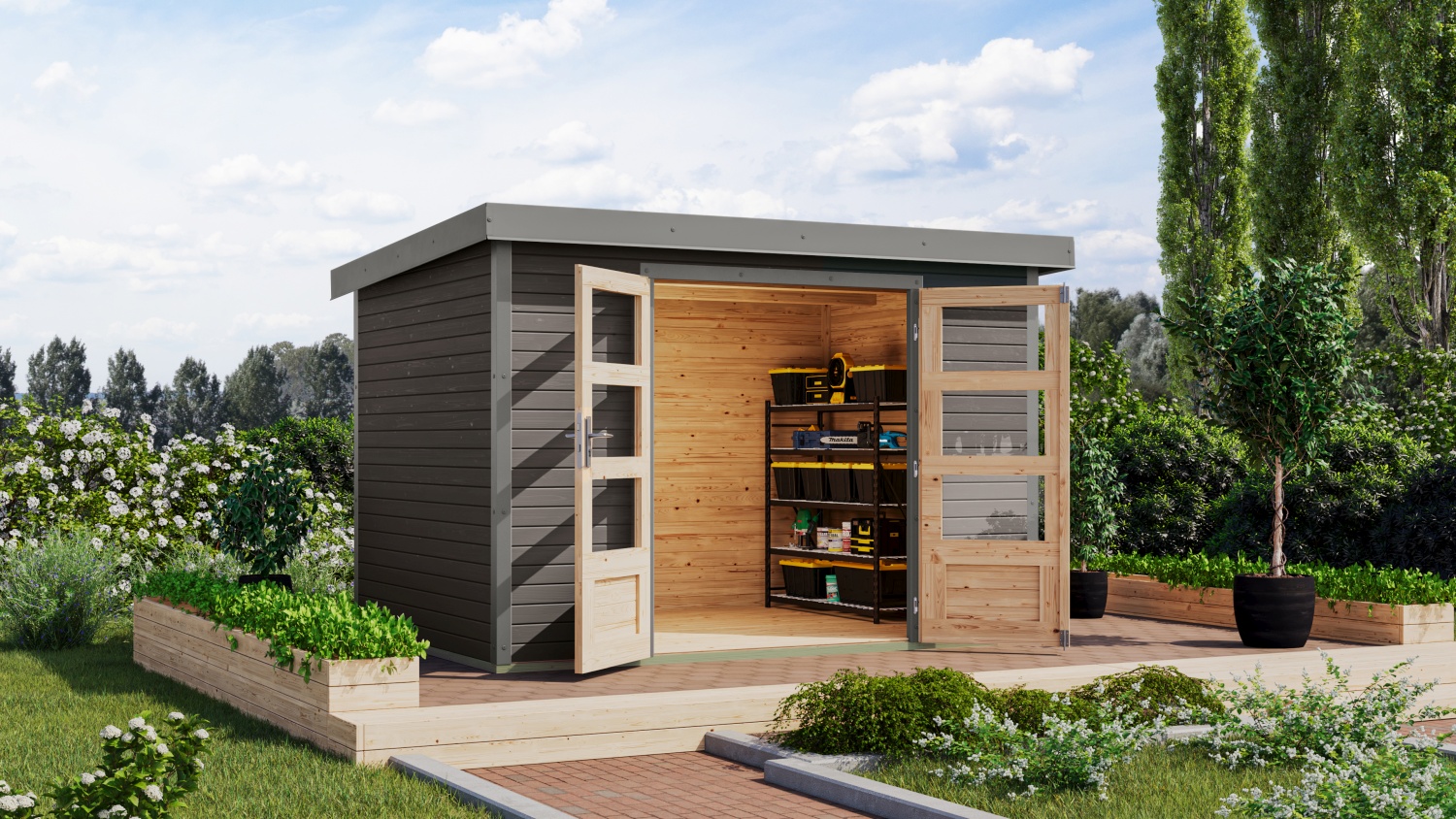 Hybrid-Gartenhaus Jupiter 4B - 298x213 cm, 19mm terragrau/graualuminium