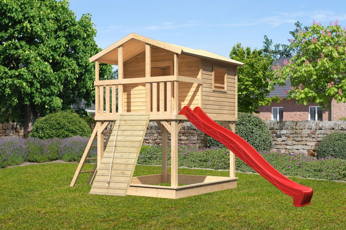 Stelzenhaus Benjamin naturbelassen mit Rutsche rot und Holzrampe