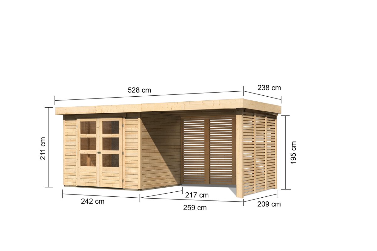 Gartenhaus Askola 3 - 242x217 cm, 19 mm naturbelassen mit Anbaudach 2,80m und Lamellenwänden, Karibu