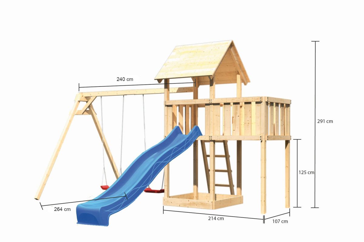 Spielturm Lotti natur, Set mit Plattform, Doppelschaukel und Rutsche blau