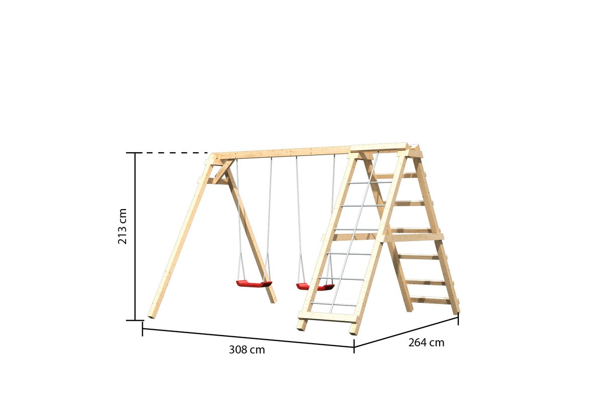 Doppelschaukel Felix mit Klettergerüst und Netzrampe, Fichte naturbelassen, Karibu