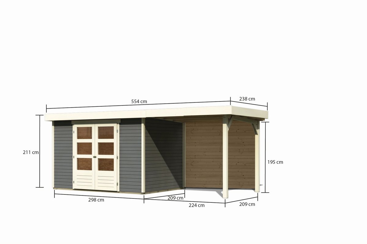 Gartenhaus Askola 4 - 302x217 cm mit Anbaudach 2,40m und Rückwand, 19 mm terragrau, Karibu