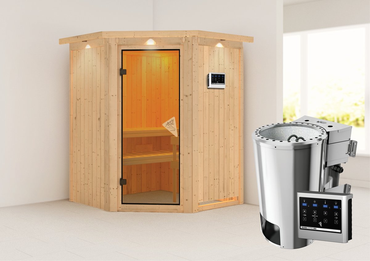 Karibu Plug & Play Sauna Nanja Sparset mit Bio-Ofen, Zubehörset und Geschenkset