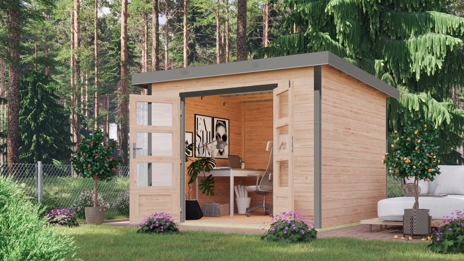 Hybrid-Gartenhaus Pluto 6A - 271x271 cm, 28mm naturbelassen/graualuminium