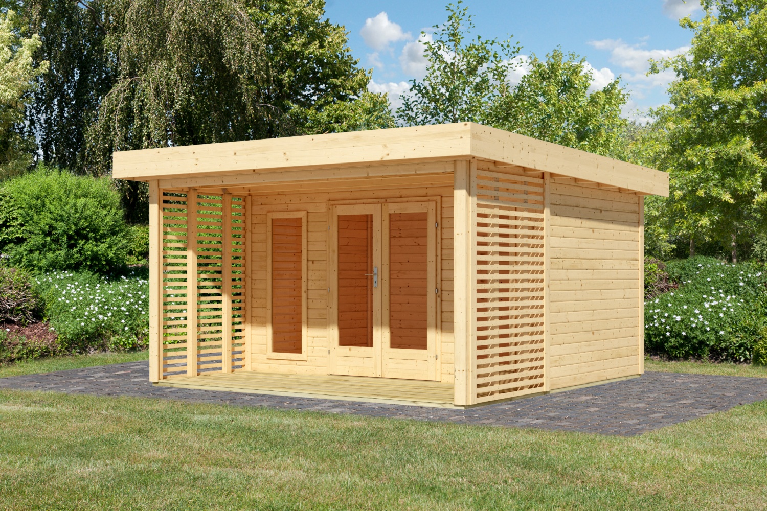 Gartenhaus Lily für Dachbegrünung - 393x393 cm, 38 mm Holz naturbelassen, Karibu
