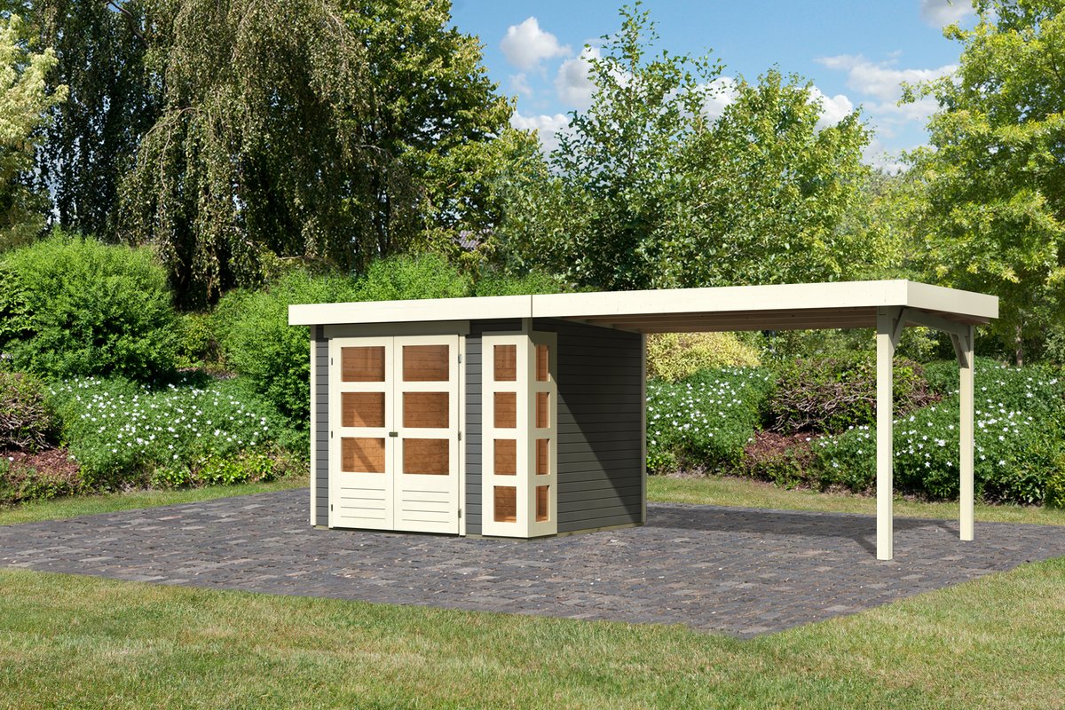Gartenhaus Kerko 3 - 238 x 213 cm inkl. Anbaudach 2,80 m, 19 mm Holz terragrau, Karibu