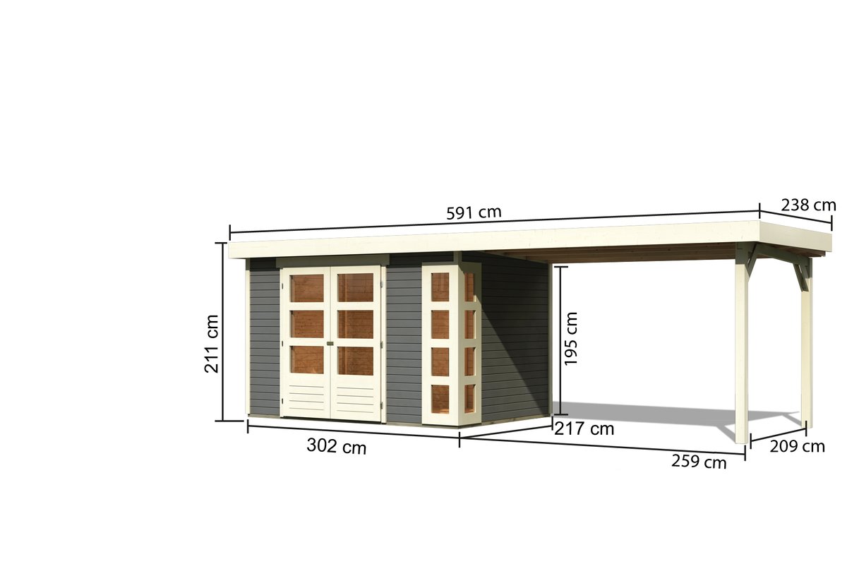 Gartenhaus Kerko 4 - 298 x 213 cm, inkl. Anbaudach 2,80m, 19 mm Holz terragrau, Karibu
