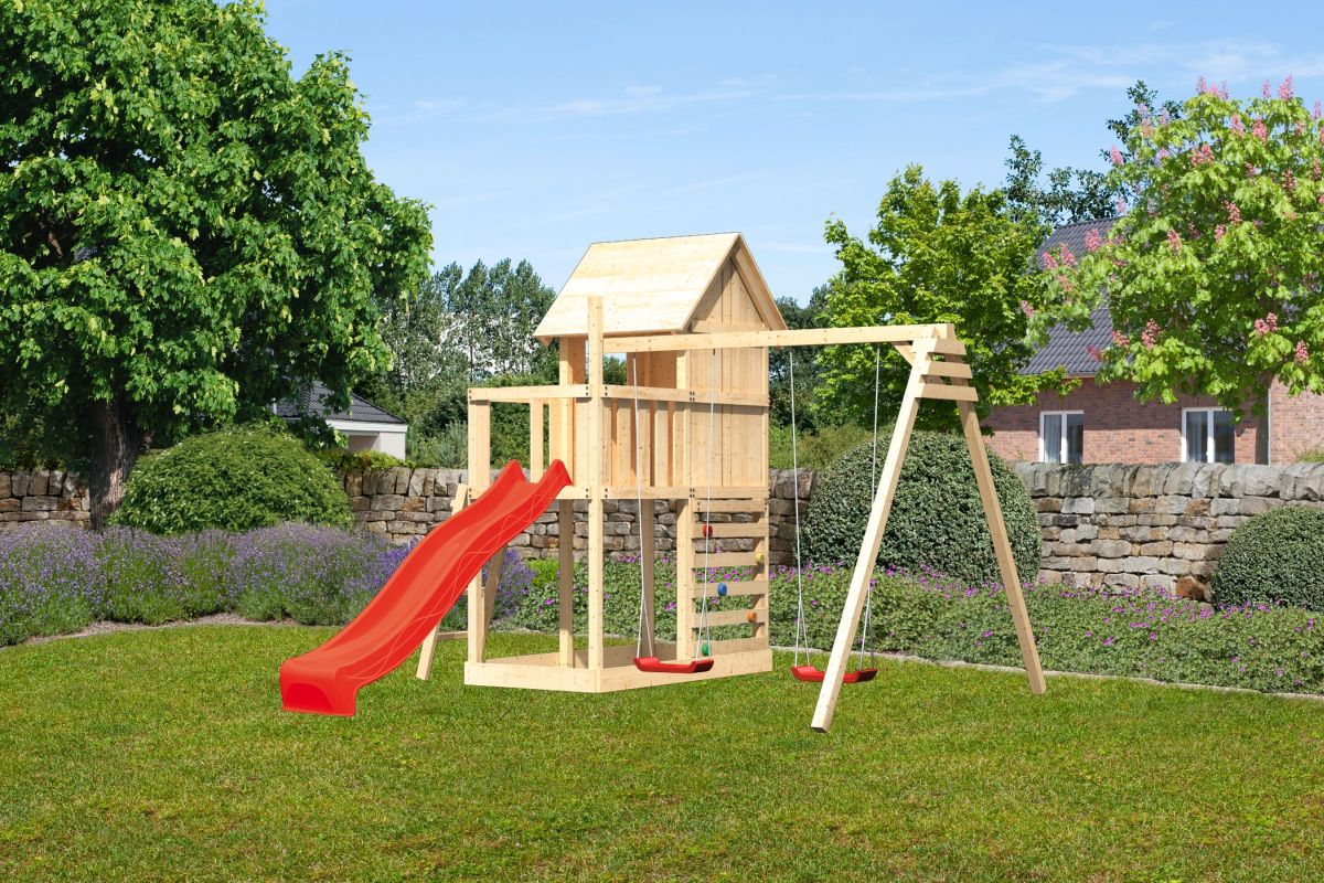 Stelzenhaus Frieda naturbelassen, Set mit Doppelschaukel, Kletterwand und Rutsche rot