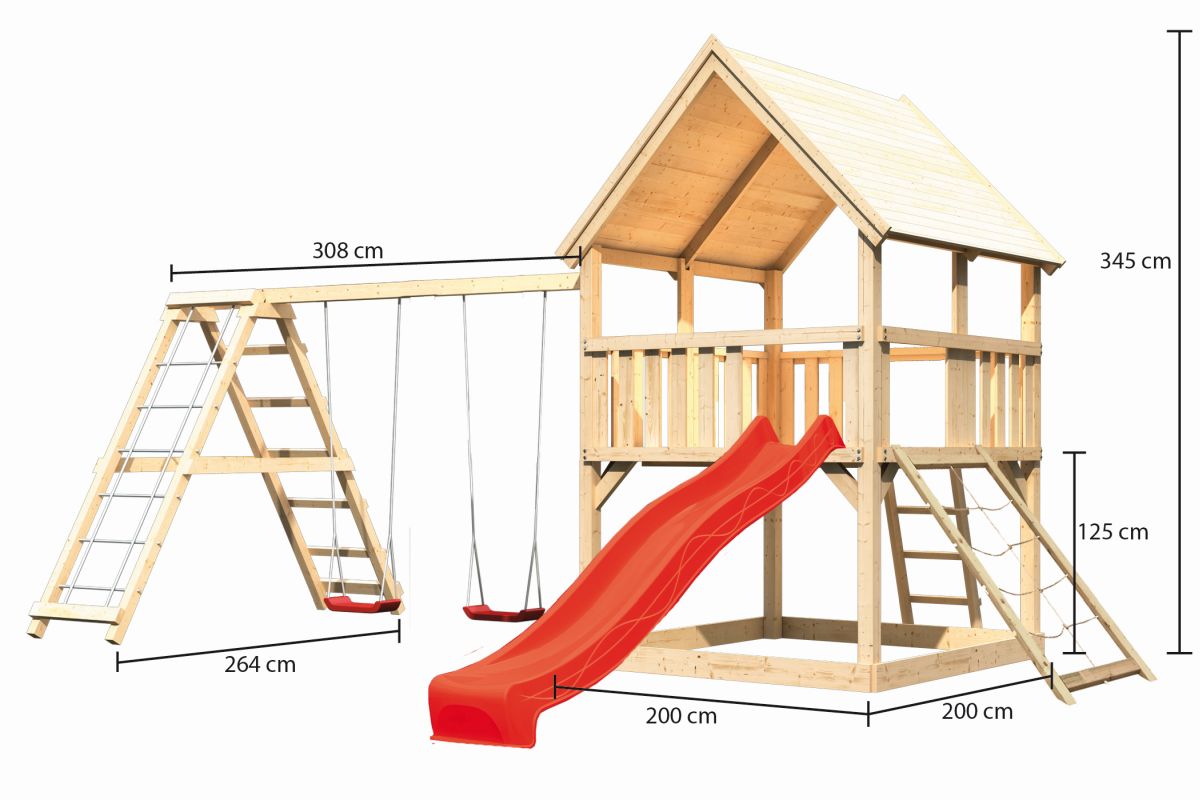 Spielturm Luis natur, SET mit Netzrampe, Kletterschaukel und Rutsche rot