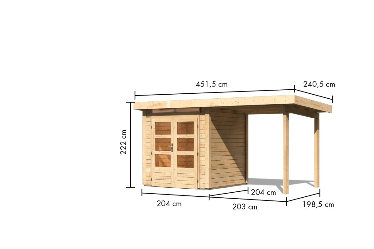 Gartenhaus Kandern 1  - 204x204 cm mit Anbaudach 2,35 m, 28 mm naturbelassen, Karibu