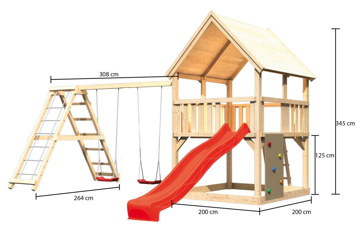 Spielturm Luis natur, SET mit Kletterwand, Kletterschaukel und Rutsche rot