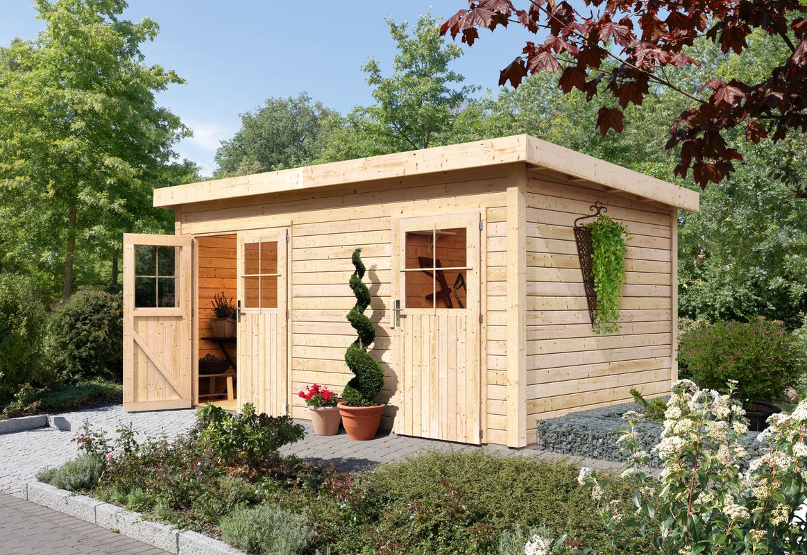 Mittelwandhaus Mattrup - 424x274 cm, 28 mm Holz naturbelassen, Karibu