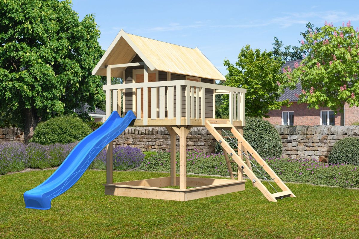 Stelzenhaus FIDEL terragrau, Set mit Netzrampe und Rutsche blau