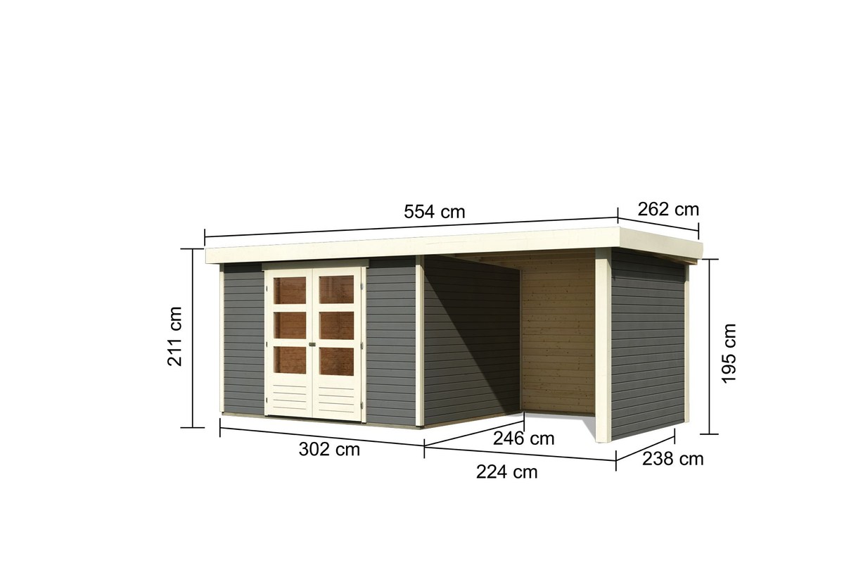 Gartenhaus Askola 5, 302 x 246 cm plus Anbaudach 2,40 mit Wänden, 19 mm Holz terragrau, Karibu