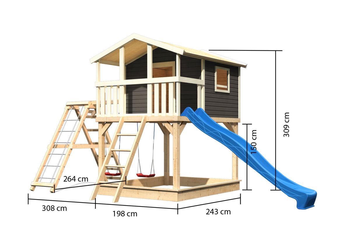 Stelzenhaus Benjamin terragrau mit Kletterschaukel und Rutsche blau