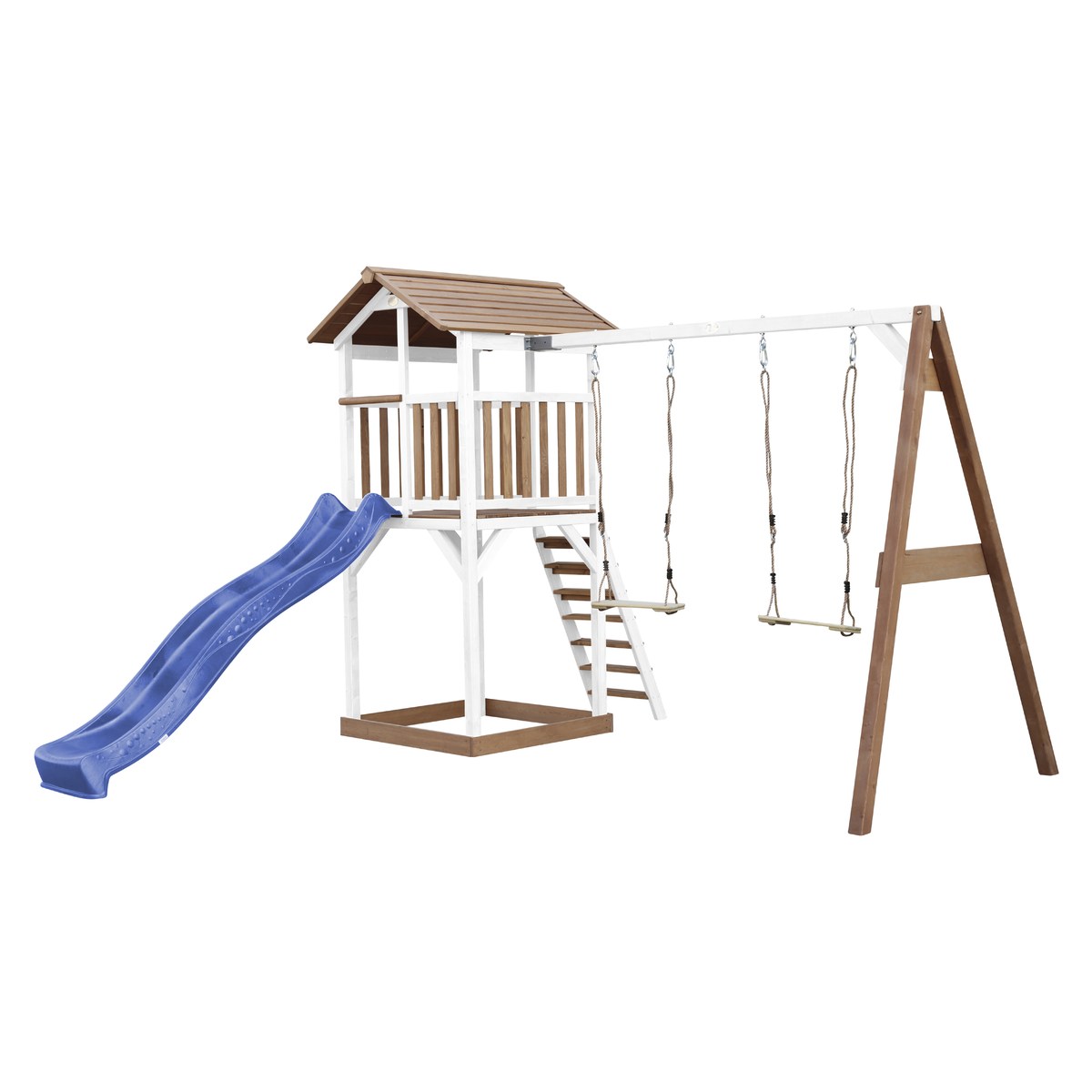 Spielturm Beach Tower Double Swing braun/weiß mit Rutsche blau