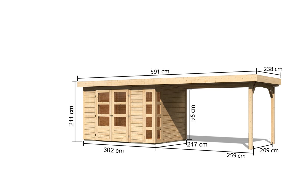 Gartenhaus Kerko 4 - 298 x 213 cm, inkl. Anbaudach 2,80m, 19 mm Holz naturbelassen, Karibu