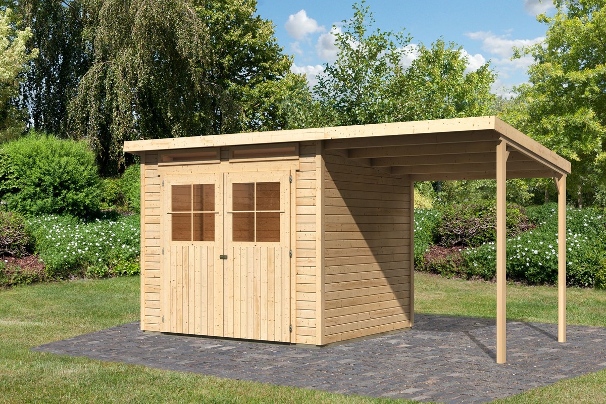 Gartenhaus Glücksburg 4 natur - 242x217 cm mit Anbaudach 190 cm, 19 mm Holz, Karibu