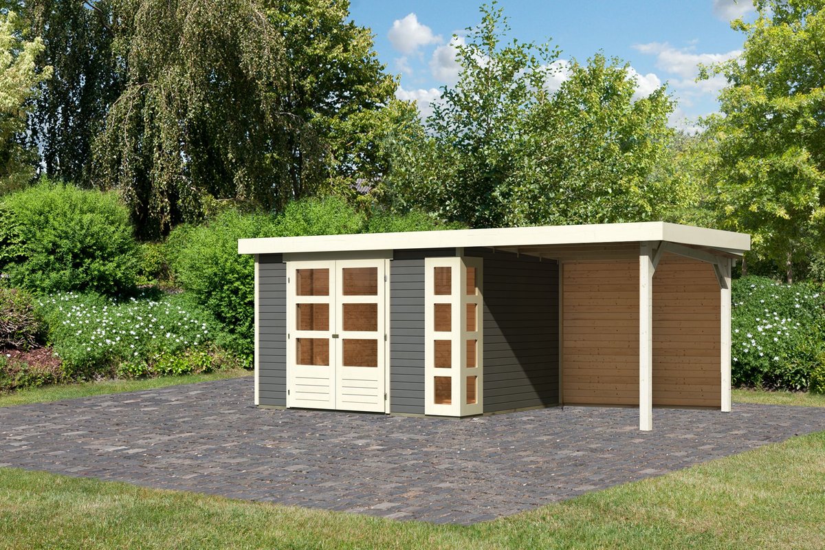 Gartenhaus Kerko 5 - 302 x 246 cm inkl. Anbaudach 2,40 m mit Rückwand, 19 mm Holz terragrau