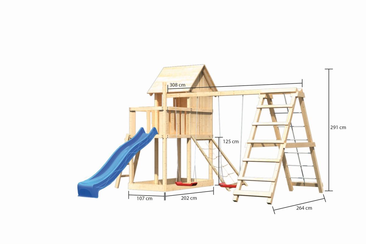 Stelzenhaus Frieda naturbelassen, Set mit Kletterschaukel, Netzrampe und Rutsche blau