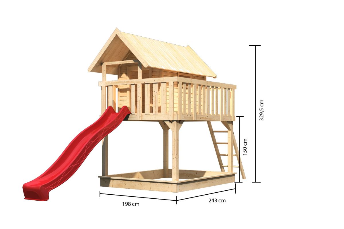 Stelzenhaus FIDEL naturbelassen, Set mit Rutsche rot, Karibu