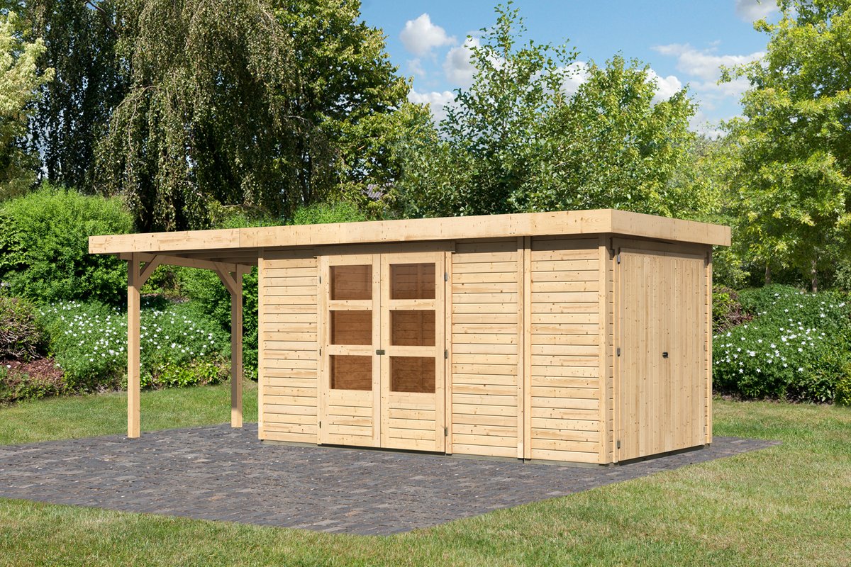 Gartenhaus Retola 5, 377x217 cm mit Anbauschrank und Anbaudach 2,40 m, 19 mm Holz naturbelassen,