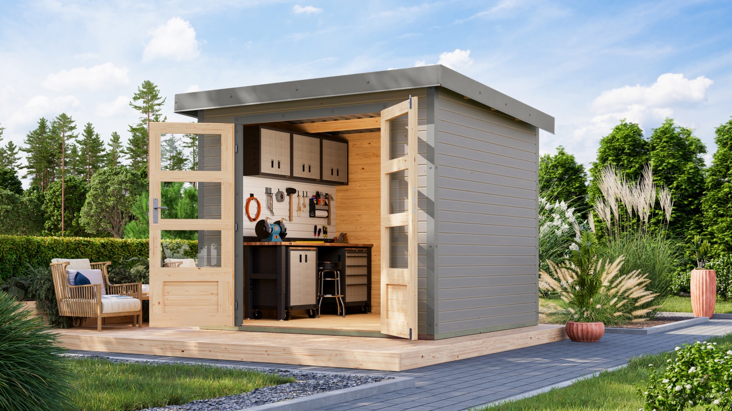 Hybrid-Gartenhaus Jupiter 3D - 238x213 cm, 19mm wassergrau/graualuminium