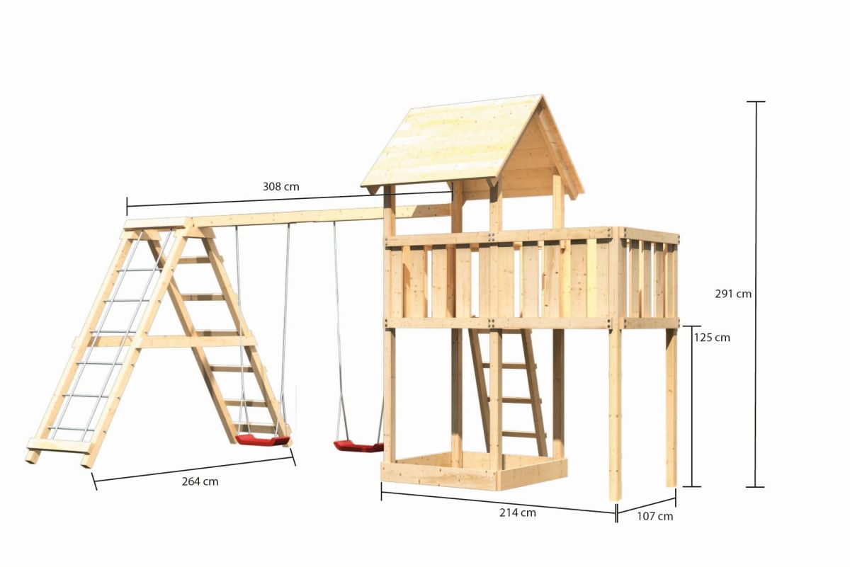 Spielturm Lotti natur, Set mit Anbauplattform und Kletter-Doppelschaukel
