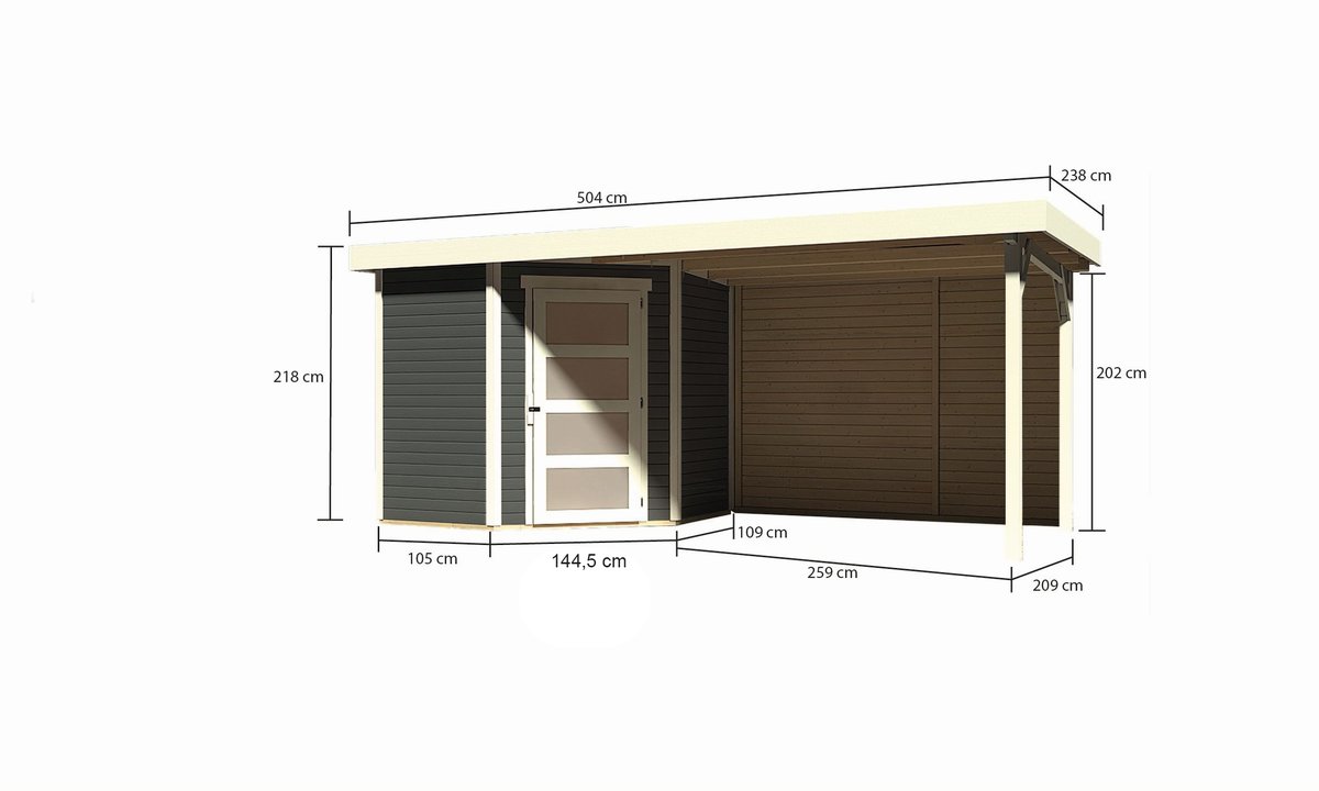 Gartenhaus Schwandorf 3, 213x217 cm, inkl. Anbaudach 2,80m mit Rückwand, 19 mm Holz terragrau