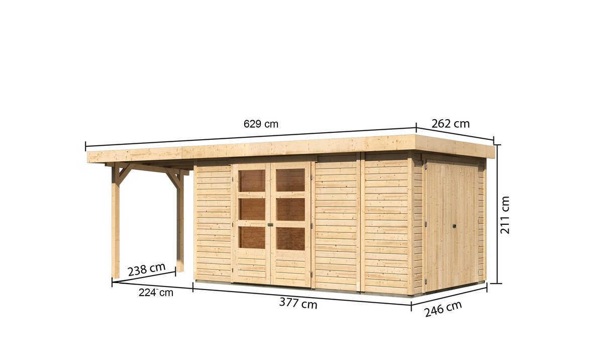 Gartenhaus Retola 6, 377x246 cm mit Anbauschrank und Anbaudach 2,40 m, 19 mm Holz naturbelassen,