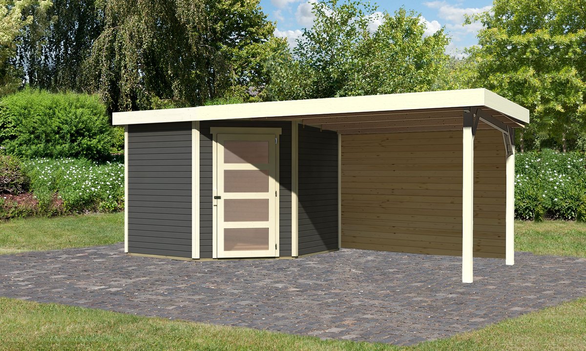 Gartenhaus Schwandorf 5, 242 x 246 cm inkl. Anbaudach 2,80 m mit Rückwand, 19 mm Holz terragrau, Karibu