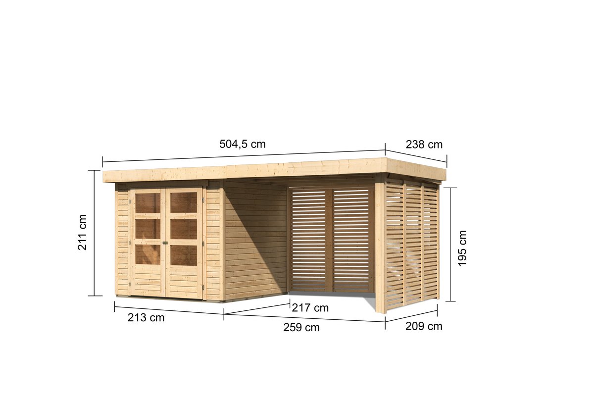 Gartenhaus Askola 2  - 213x217 cm mit Anbaudach 2,80m und Lamellenwänden, 19 mm naturbelassen, Karib