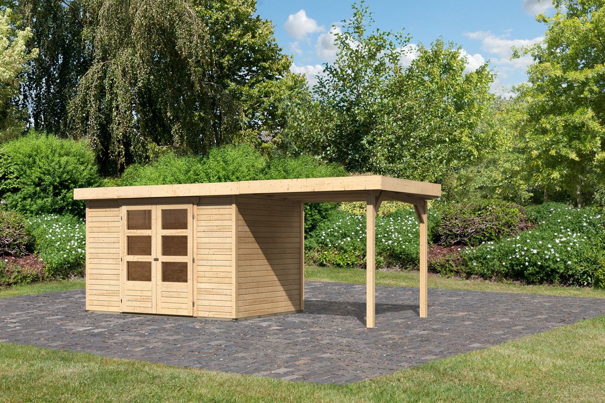 Gartenhaus Askola 4 - 302x217 cm mit Anbaudach 2,40m, 19 mm Holz naturbelassen, Karibu