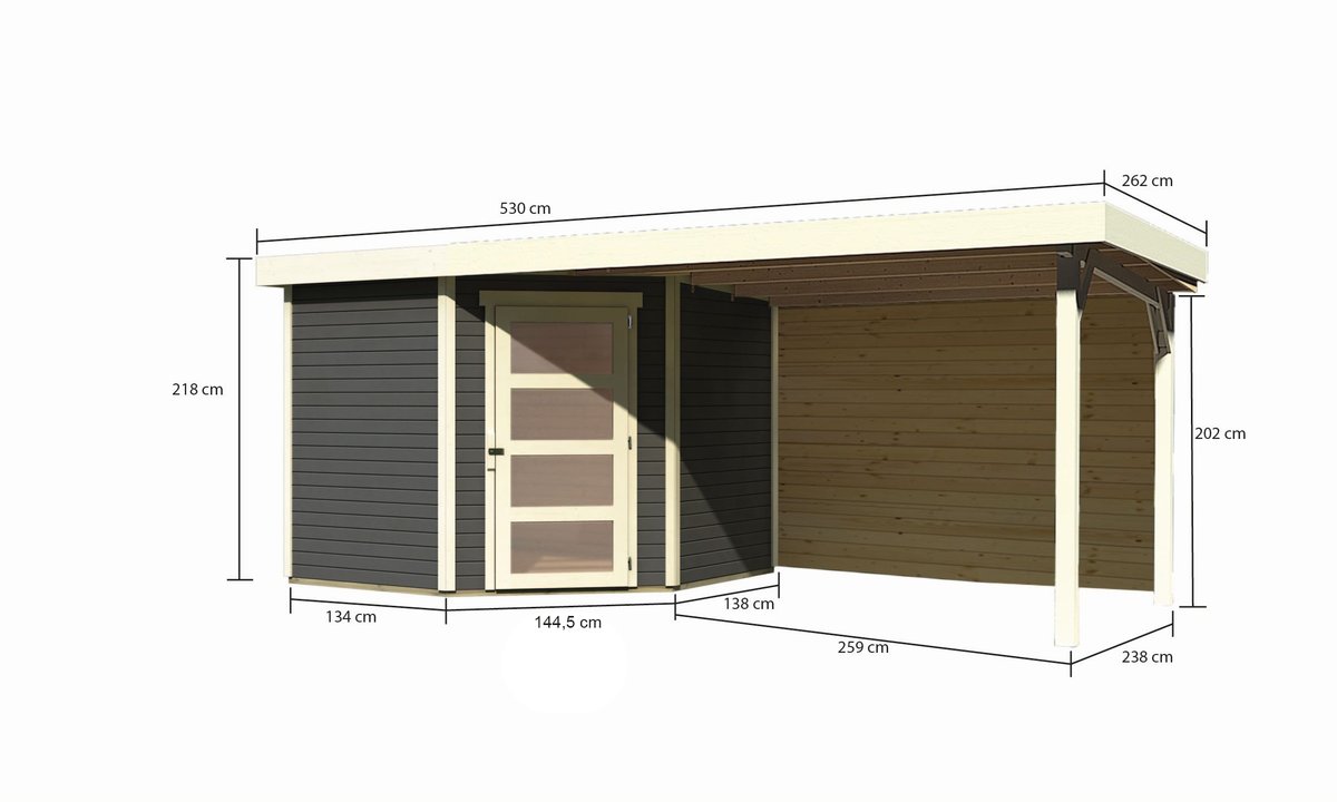 Gartenhaus Schwandorf 5, 242 x 246 cm inkl. Anbaudach 2,80 m mit Rückwand, 19 mm Holz terragrau, Karibu