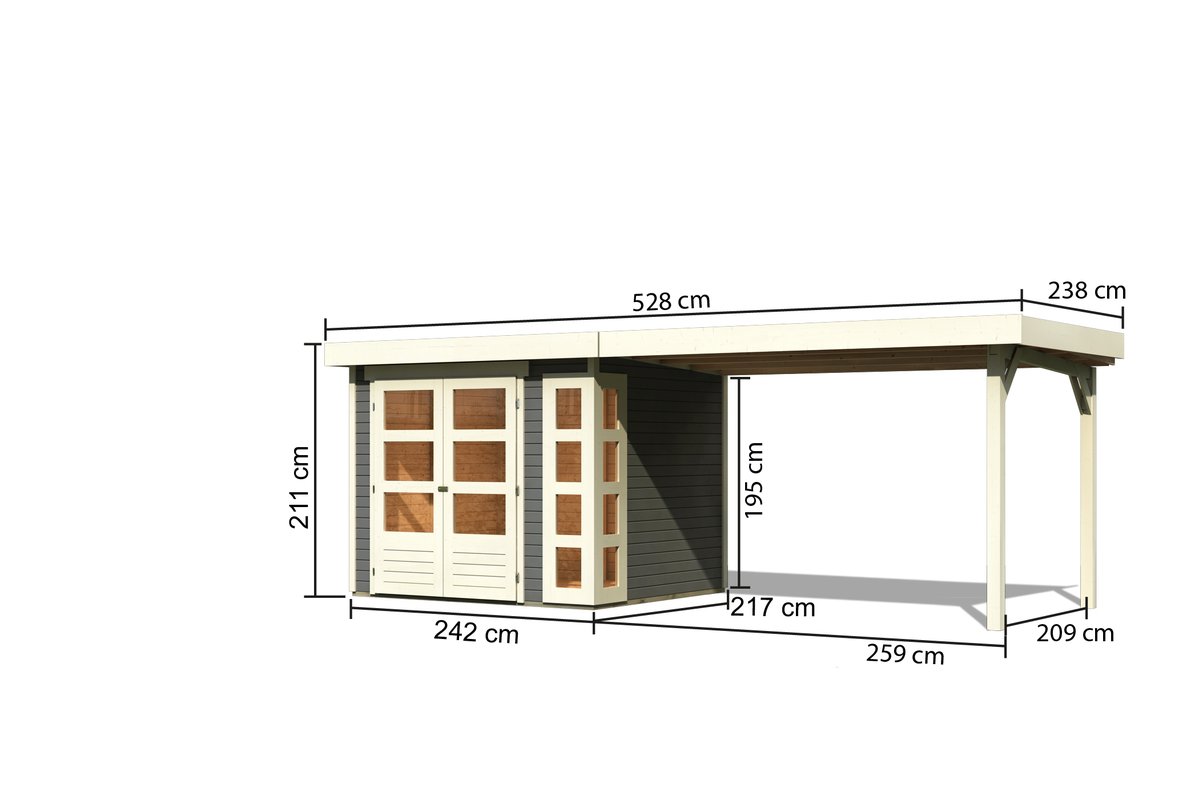 Gartenhaus Kerko 3 - 238 x 213 cm inkl. Anbaudach 2,80 m, 19 mm Holz terragrau, Karibu