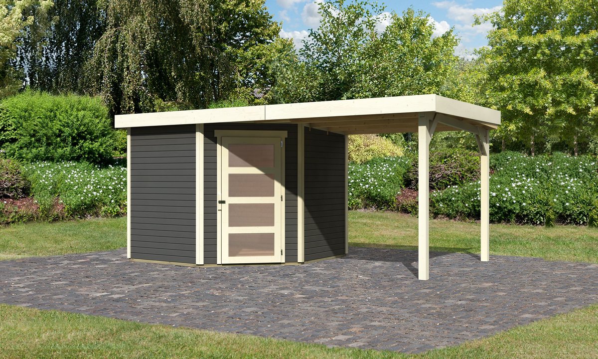 Gartenhaus Schwandorf 5, 242 x 246 cm inkl. Anbaudach 2,40 m, 19 mm Holz terragrau, Karibu