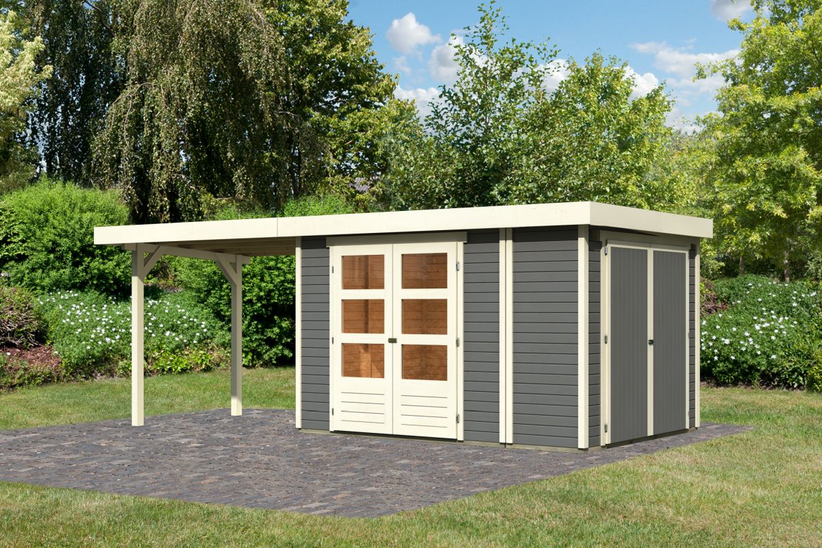 Gartenhaus Retola 4, 319x246 cm mit Anbauschrank und Anbaudach 2,80 m, 19 mm Holz terragrau