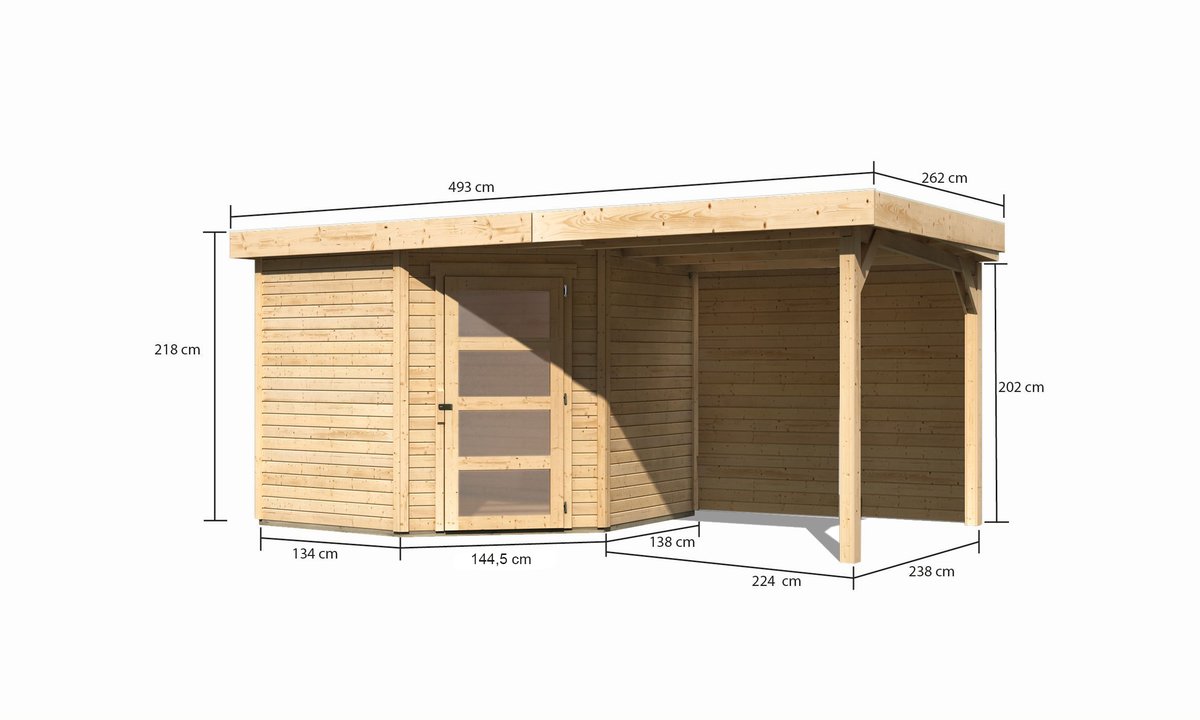 Gartenhaus Schwandorf 5, 242 x 246 cm inkl. Anbaudach 2,40 m mit Rückwand, 19 mm Holz naturbelassen, Karibu